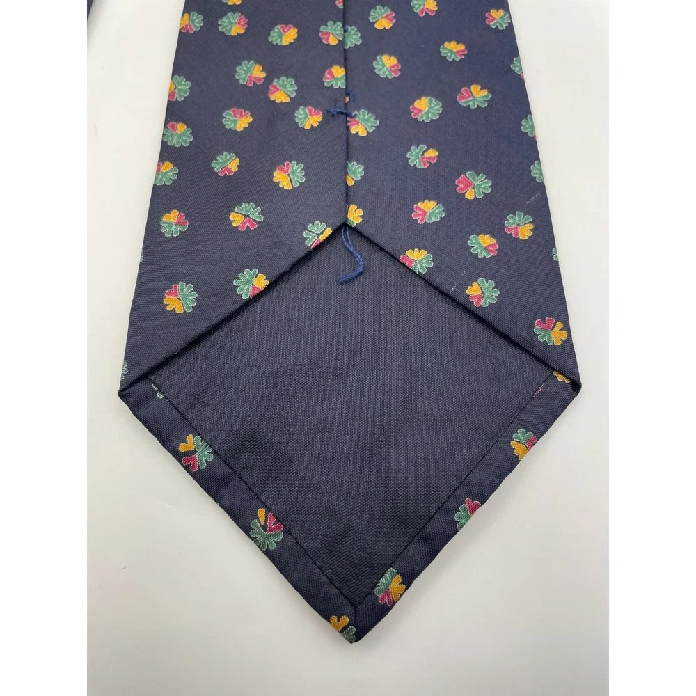 Jim Thompson Mens Navy Blue 100% Thai Silk Geometric Floral Print Necktie Tie